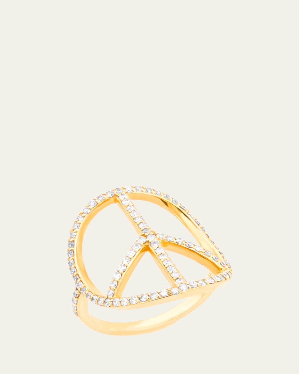 14K Yellow Gold Pave Diamond Circular Peace Sign Ring